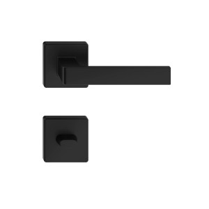 Czarny zestaw klamek do drzwi z kwadratową rozetą i klamką.