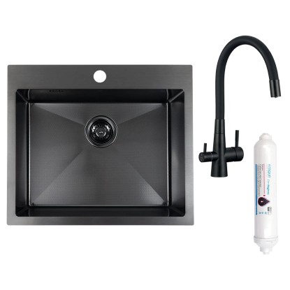 Laveo Zlewozmywak wpuszczany MALAWI 1-kom. czarny + bateria + filtr - 50 x 58 cm