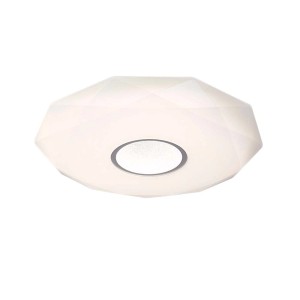 Biały plafon LED t.b.t. z fasetowaną konstrukcją i centralnym elementem świetlnym.