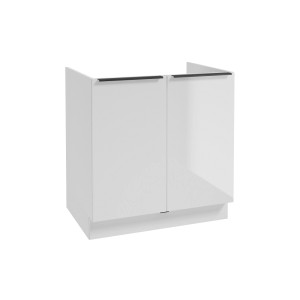 Biała szafka dolna do zestawu mebli kuchennych z dwoma drzwiami i czarnymi uchwytami.