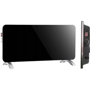 Czarny, płaski grzejnik elektryczny ze srebrnymi nóżkami i bocznymi elementami sterującymi.