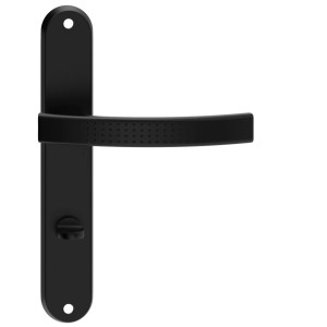 Czarny zestaw klamek do drzwi t.b.t. do drzwi wewnętrznych, szyld długi z zamkiem WC.