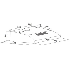Rysunek techniczny płaskiego okapu kuchennego z wymiarami.