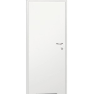 Białe drzwi wewnętrzne z srebrną klamką. Prosty, nowoczesny design.