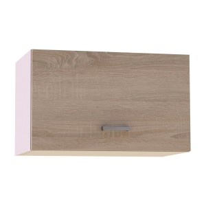 Szafka wisząca z zestawu mebli kuchennych t.b.t. z drewnianym wyglądem i srebrnym uchwytem.