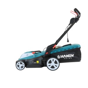 Kosiarka elektryczna t.b.t. w kolorze zielono-czarnym z koszem na trawę.