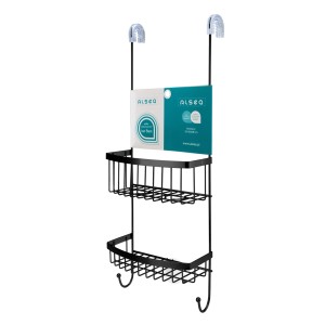 Czarna półka łazienkowa do zawieszenia na drzwi, 2 półki i haczyki, część zestawu akcesoriów łazienkowych.