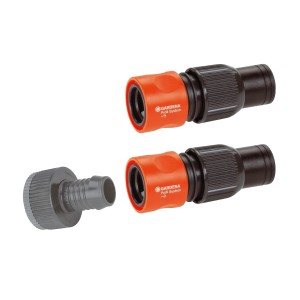 Zestaw przyłączeniowy Gardena Profi-System do systemów zraszających i rurociągów, składający się z przyłącza kranowego i złączy węża.