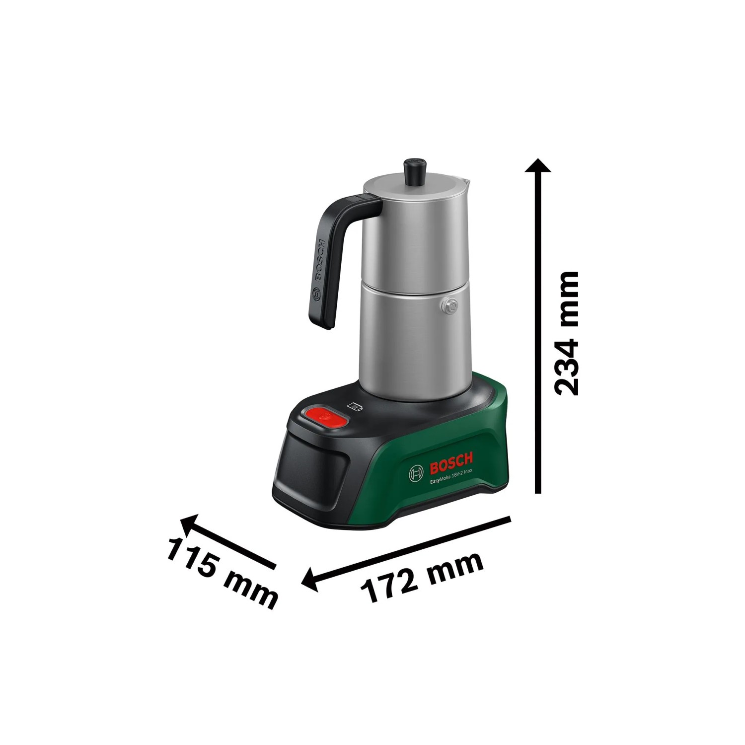 Ekspres akumulatorowy Bosch EasyMoka 18V-2 Inox, srebrna stal nierdzewna, zielono-czarna podstawa do kawy.
