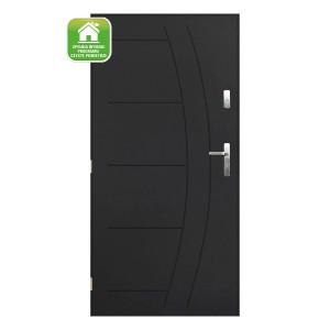 Nowoczesne antracytowe drzwi zewnętrzne z klamką ze stali nierdzewnej i elementami dekoracyjnymi.