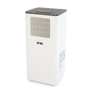 Biały, przenośny klimatyzator t.b.t. z ciemnym blatem i kratką wentylacyjną.