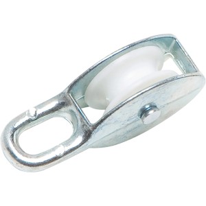 Metalowy bloczek z białym kółkiem do lin i sznurów.