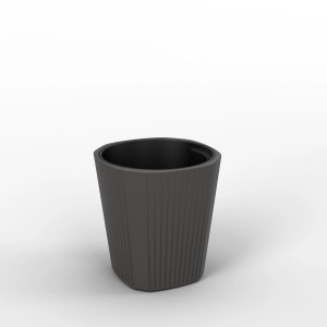 Szara doniczka t.b.t. z pionowymi rowkami. Dekoracyjne doniczki do użytku wewnątrz i na zewnątrz.