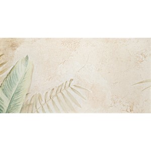 Płytka dekoracyjna z motywem tropikalnych liści w kolorze beżowym i zielonym.