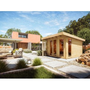 Drewniany domek t.b.t. w ogrodzie: Nowoczesny design z dużymi oknami i składem drewna.