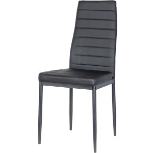 Nowoczesne czarne krzesło tapicerowane t.b.t. z obiciem ze sztucznej skóry i metalowymi nogami.