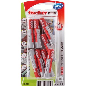 Kołki Fischer Duopower 10x50 K, 8 sztuk, czerwono-szare, do bezpiecznego mocowania w różnych materiałach budowlanych.
