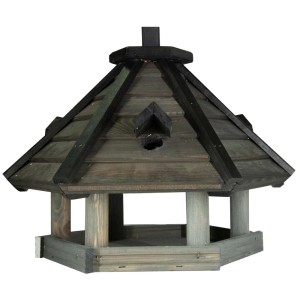 Drewniany karmnik dla ptaków w stylu pagody, szary i czarny.