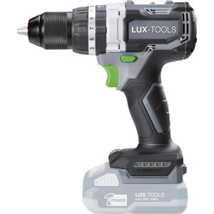 Szaro-czarna wiertarko-wkrętarka akumulatorowa LUX-TOOLS z zielonym przełącznikiem i akumulatorem.