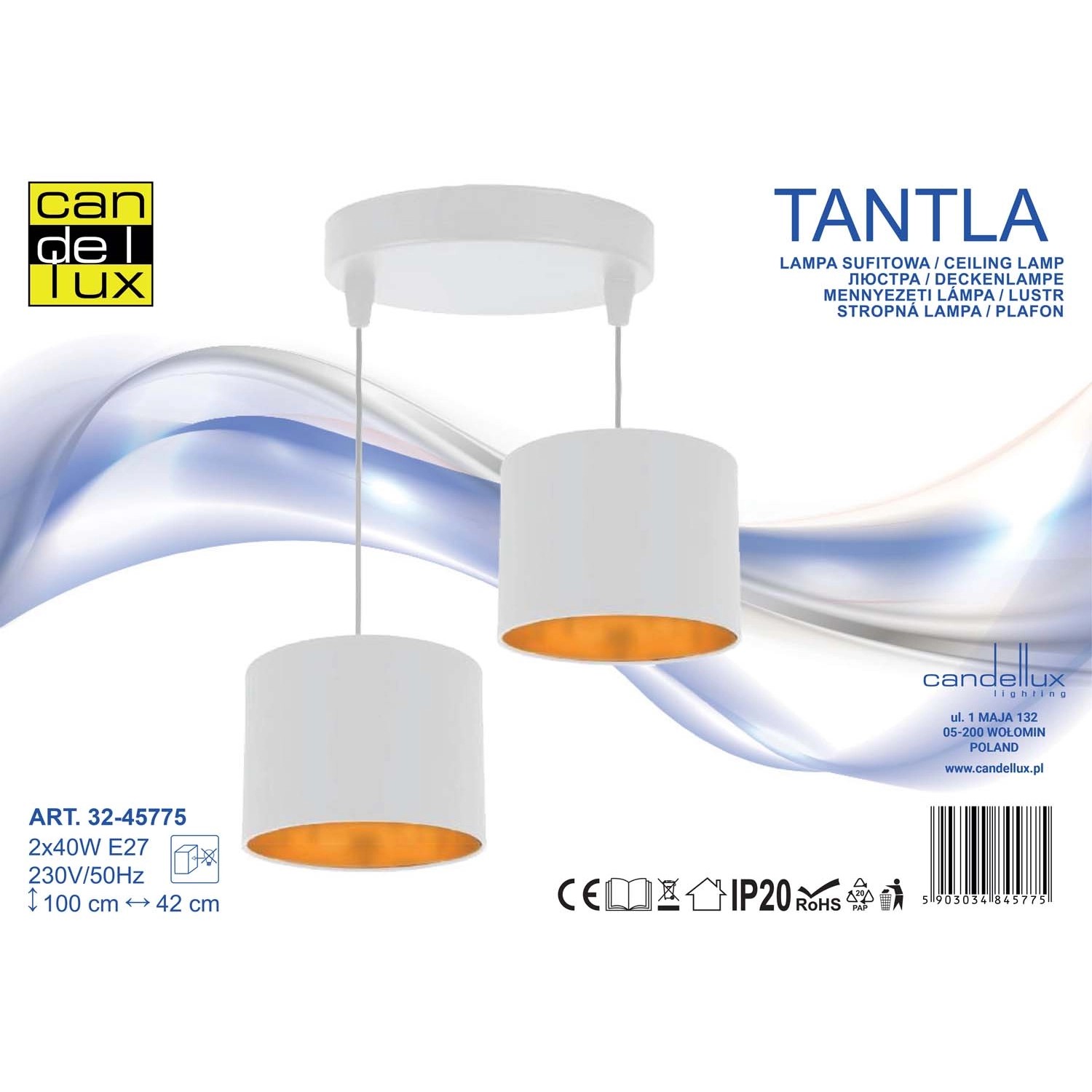 Candellux Lampa wisząca TANTLA 2xE27 40W biała