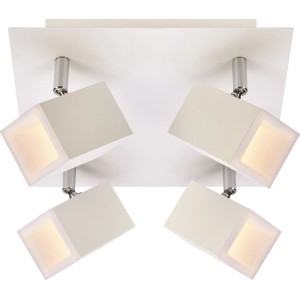 Biała lampa sufitowa t.b.t. Plafony z czterema kwadratowymi reflektorami.