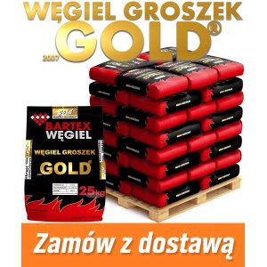 Worek węgla Bartex Węgiel Groszek Gold na palecie, paliwo do ogrzewania.