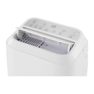 Biały klimatyzator t.b.t. z panelem sterowania i otwartą kratką wentylacyjną.