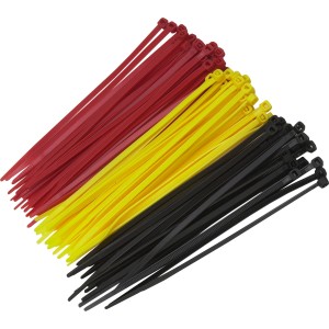 Zestaw 75 opasek kablowych (150 mm) w kolorze czerwonym, żółtym i czarnym do organizacji kabli.