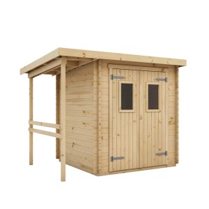 Drewniany domek ogrodowy z podwójnymi drzwiami i małym zadaszeniem.