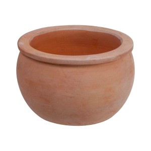 Okrągła, terakotowa doniczka do kwiatów do użytku wewnątrz i na zewnątrz.