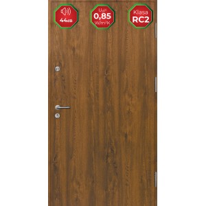 Brązowe drzwi zewnętrzne z teksturą drewna, izolacja akustyczna 44dB i klasa bezpieczeństwa RC2.