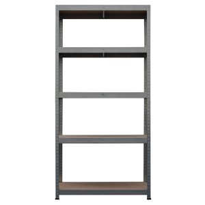 Pusty, szary metalowy regał z czterema półkami do przechowywania i organizacji.