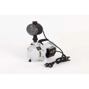 Biała pompa ogrodowa z wyłącznikiem ciśnieniowym do oczek wodnych i ogrodów.