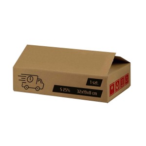Brązowy karton do wysyłki, 32x19x8 cm, z symbolami szybkiej wysyłki i delikatnej zawartości.