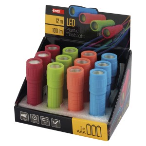 Kolorowe latarki LED w kartonowym pudełku. Plastikowa obudowa w kolorze czerwonym, zielonym, pomarańczowym i niebieskim.