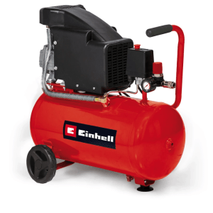 Kompresor Einhell TC-AC 190/24/8, 1500 W, czerwony, z kołami i reduktorem ciśnienia.