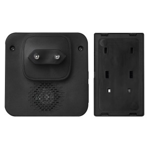 Czarny dzwonek t.b.t. z wtyczką i płytką montażową.