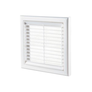 Biała kwadratowa kratka wentylacyjna do montażu na ścianie.