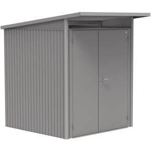 Metalowy domek narzędziowy Biohort AvantGarde A1 w kolorze kwarcowy szary metalik z podwójnymi drzwiami.