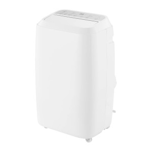 Biały, przenośny klimatyzator t.b.t. z kółkami i panelem sterowania.