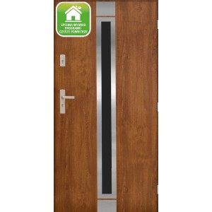 Nowoczesne drzwi zewnętrzne w kolorze drewna z aplikacjami ze stali nierdzewnej i certyfikatem czystego powietrza.