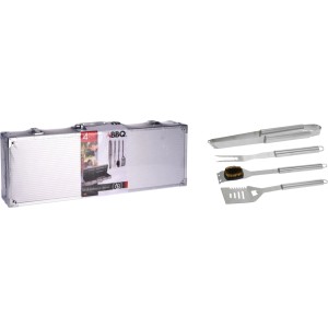 Zestaw akcesoriów do grilla BBQ w walizce, 4 elementy, szczypce, widelec, szczotka, łopatka.