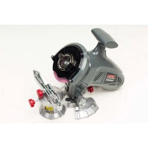 Ostrzałka do łańcuchów, akcesorium do pilarek, szara obudowa, tarcza szlifierska i prowadnica.