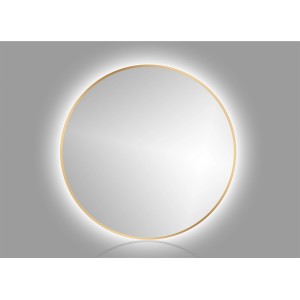Okrągłe lustro ze złotą ramą i oświetleniem LED.
