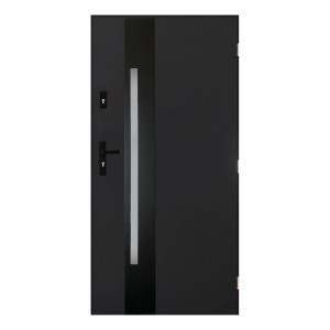 Nowoczesne, czarne drzwi zewnętrzne z wąską, pionową wstawką szklaną i czarną klamką.