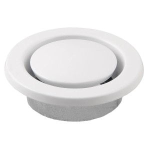 Biały, okrągły zawór talerzowy do akcesoriów kominkowych. Wylot powietrza do wentylacji.