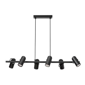 Czarna lampa wisząca t.b.t. z sześcioma reflektorami do użytku wewnętrznego.