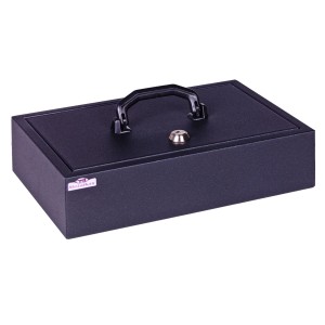 Czarny sejf t.b.t. z uchwytem i zamkiem na klucz.