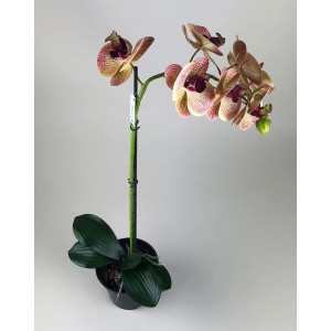 Dekoracyjna sztuczna roślina: Nakrapiana orchidea w doniczce do wnętrz.