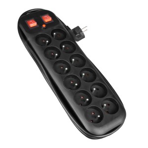 Czarna listwa zasilająca t.b.t. z 10 gniazdami i dwoma włącznikami.